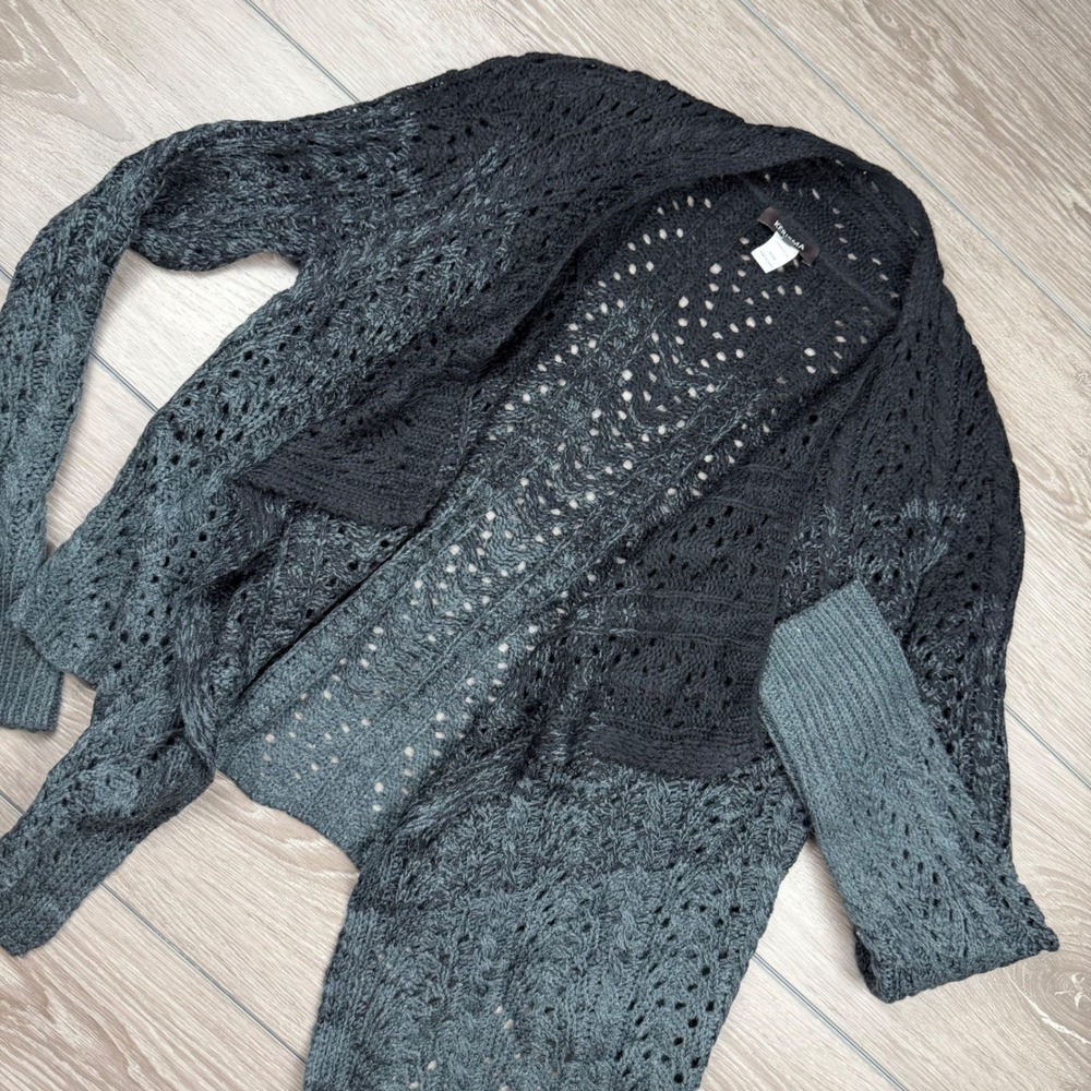 Kerisma Womens Cardigan Ombre Pointelle Knit Open Front Gray Black Large New